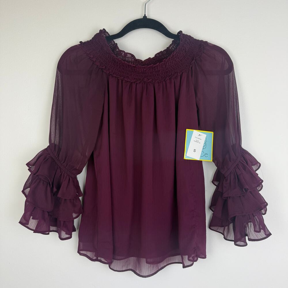 NWT CeCe Womens 3/4 Flare Bell Sleeve Victorian Mulberry Purple Blouse Top Small